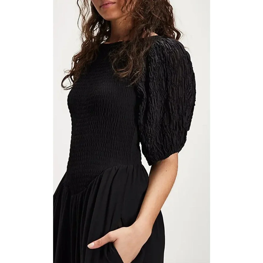 FREE PEOPLE BLACK TEMPERLEY RUCHED ONE PIECE JUMPSUIT SZ L